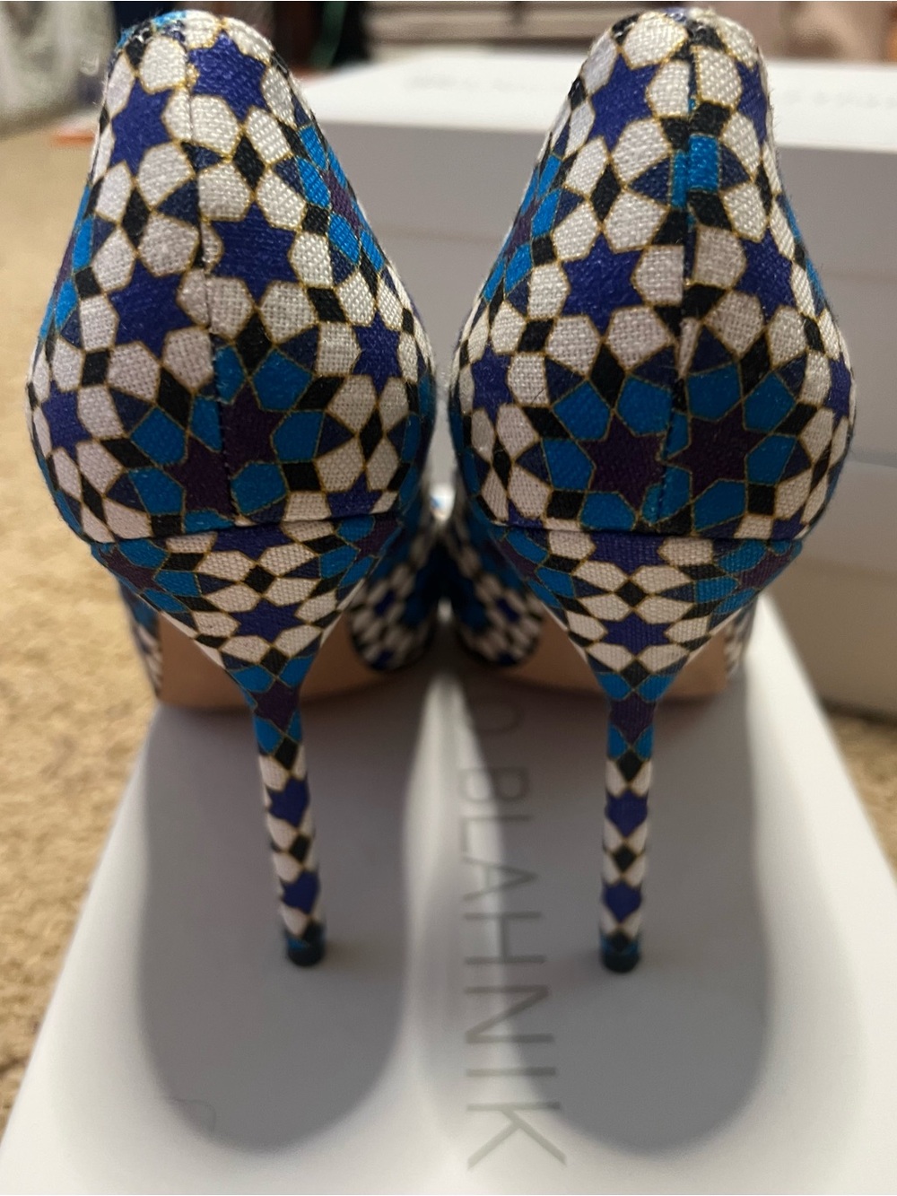 Manolo Blahnik Blue, White & Black Geometric Pointed-Toe Stilettos - Picture 6 of 7